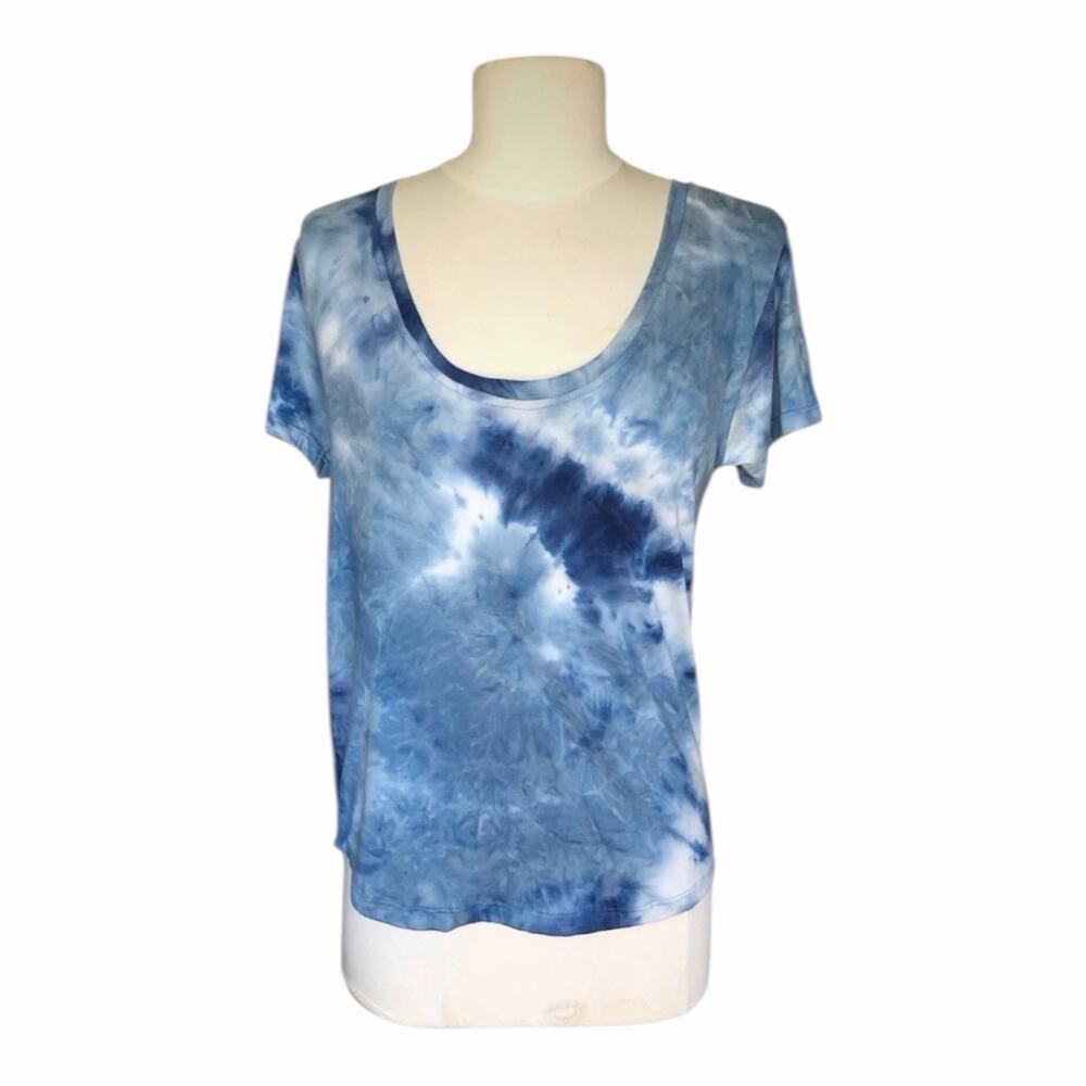 Blue Tie Dye Scoop Neck Tee Soft Stretch Casual Boho Lounge Top Women’s Small